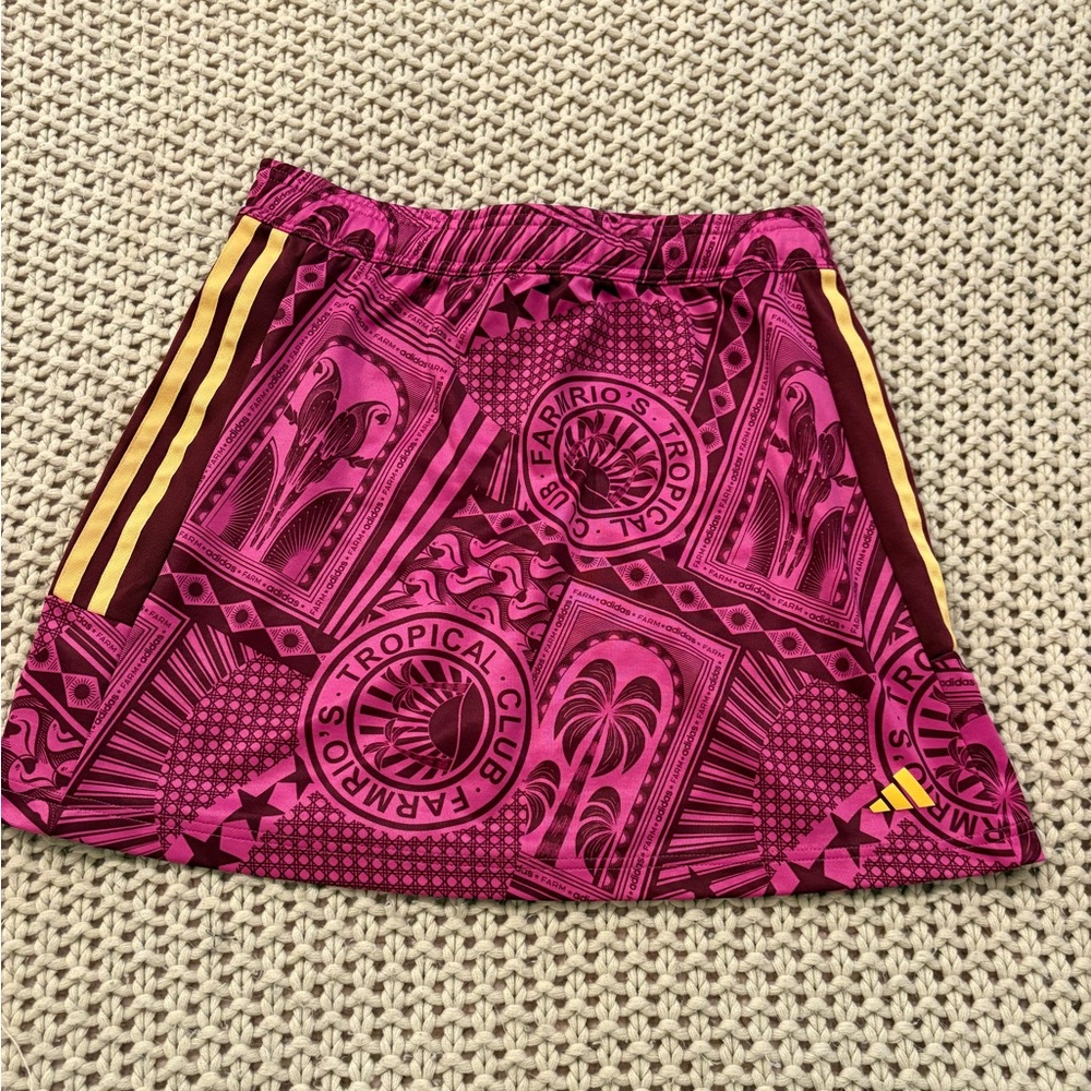 FARM Rio x Adidas Pink Tropical Print Mini Skirt with Gold Stripes - Picture 1 of 12